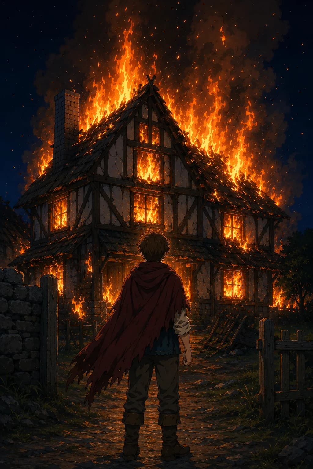A timber-framed house engulfed in flame at night; a boy in a tattered red cloak watches from the gate.
