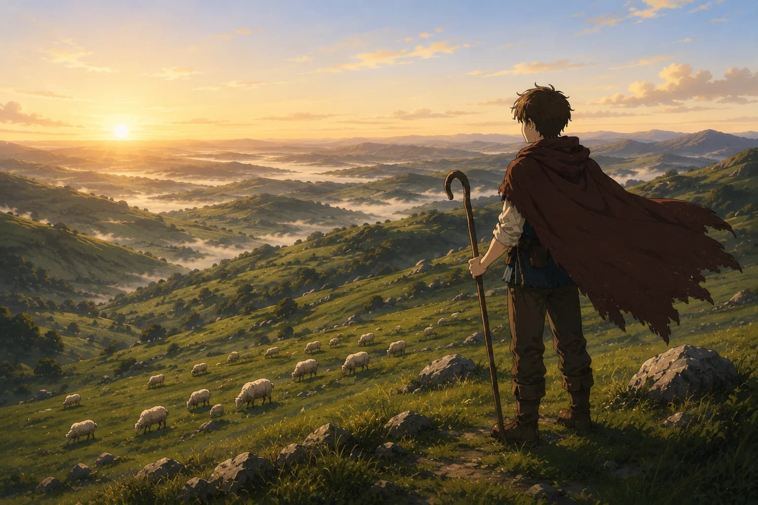 A boy with a shepherd's crook stands on a hillside at sunrise, sheep grazing in the misty valley below.