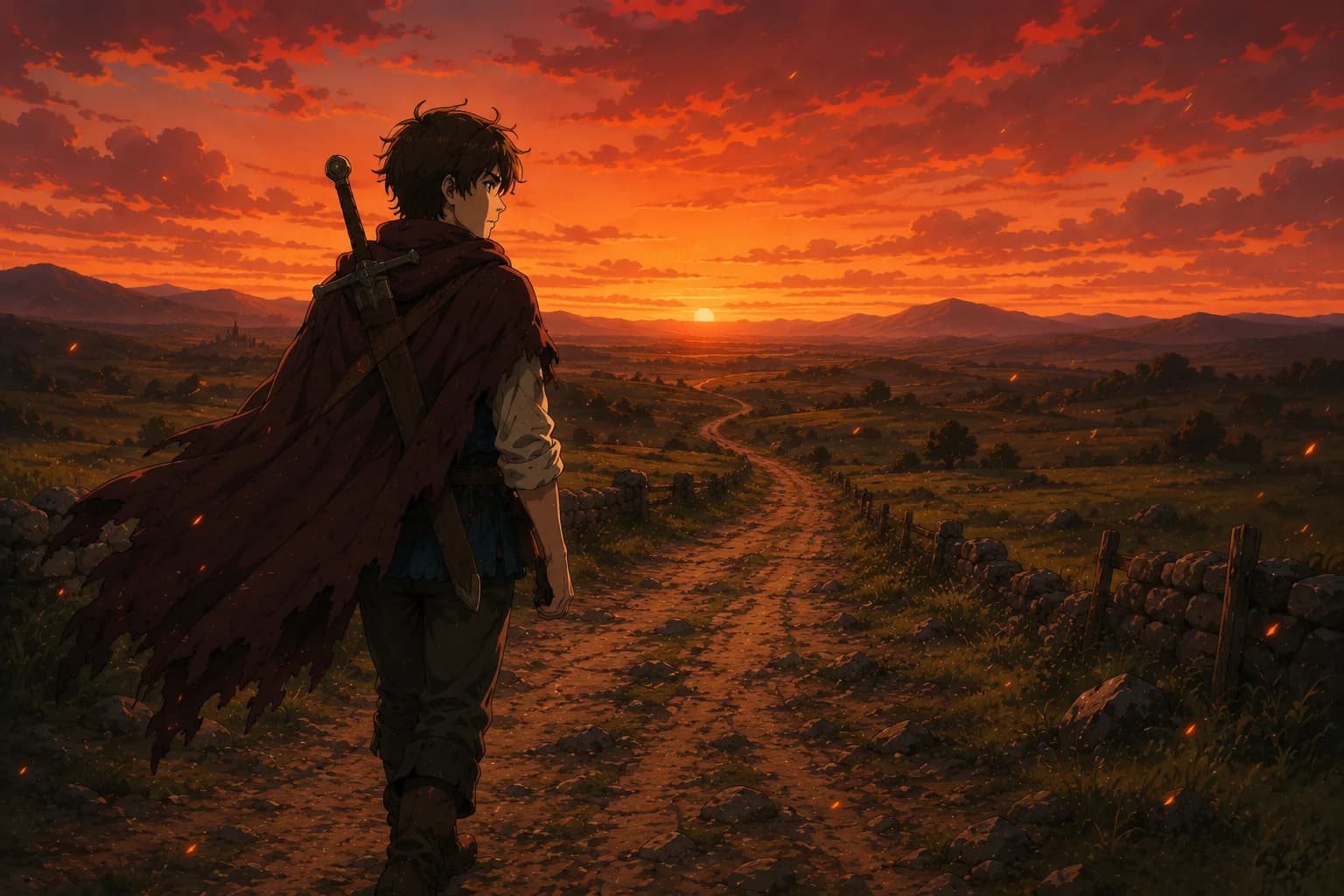 A boy in a tattered red cloak walks down a dirt road into a deep red sunset, sword across his back.