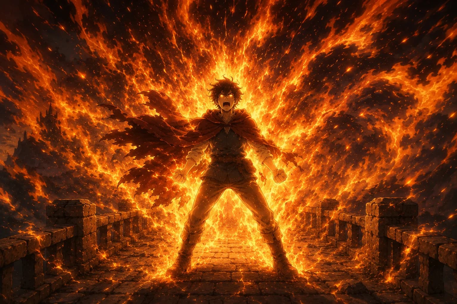 A boy stands at the center of erupting white-orange flame on a stone bridge, arms outstretched.