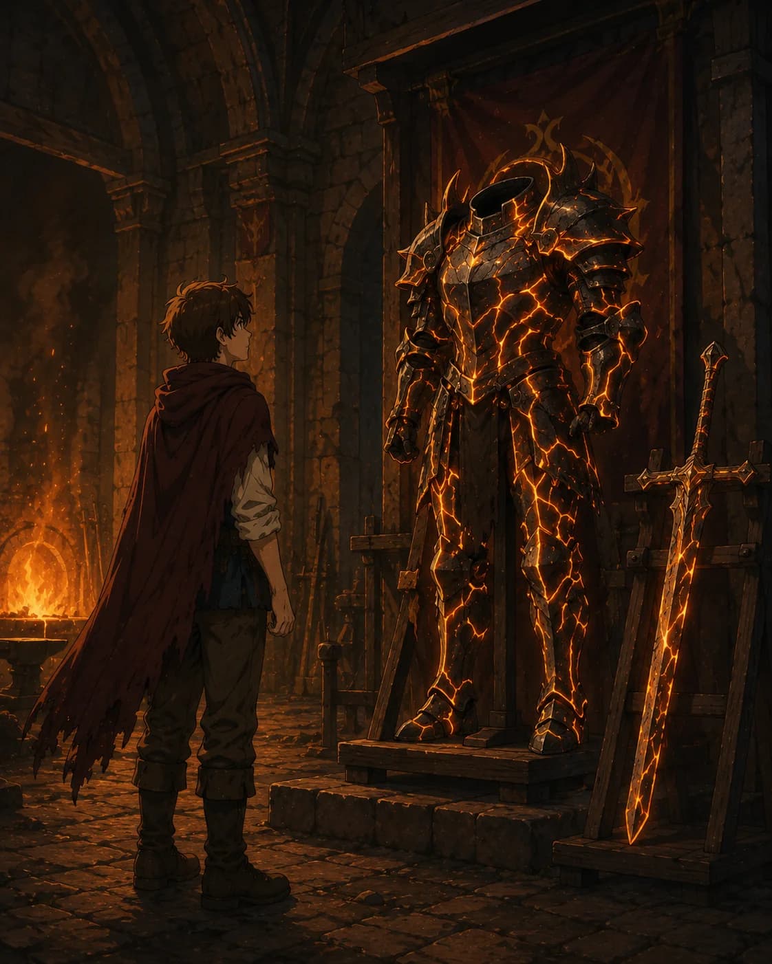A boy in red faces an immense armored figure laced with glowing molten cracks inside a dim stone chamber.