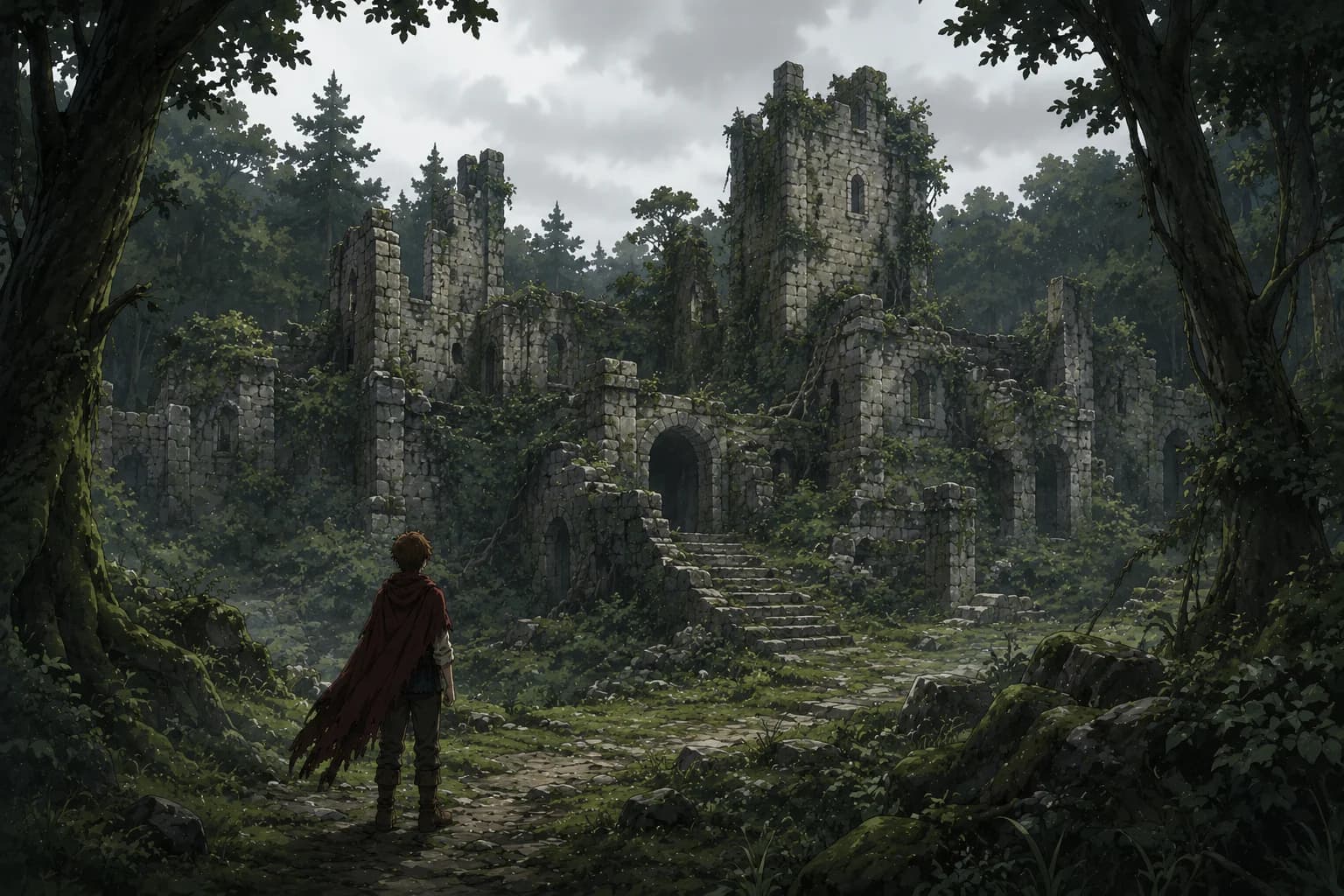 A boy in a red cloak approaches stone ruins overgrown with ivy and moss in a misty forest.