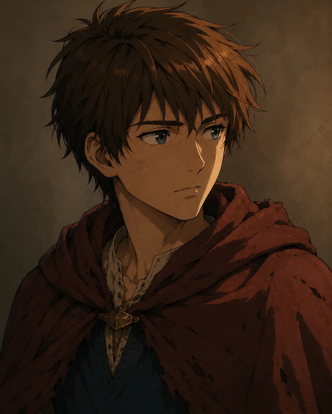 Close portrait of Emrys: a teenager with dark hair, hazel eyes, and a red cloak.